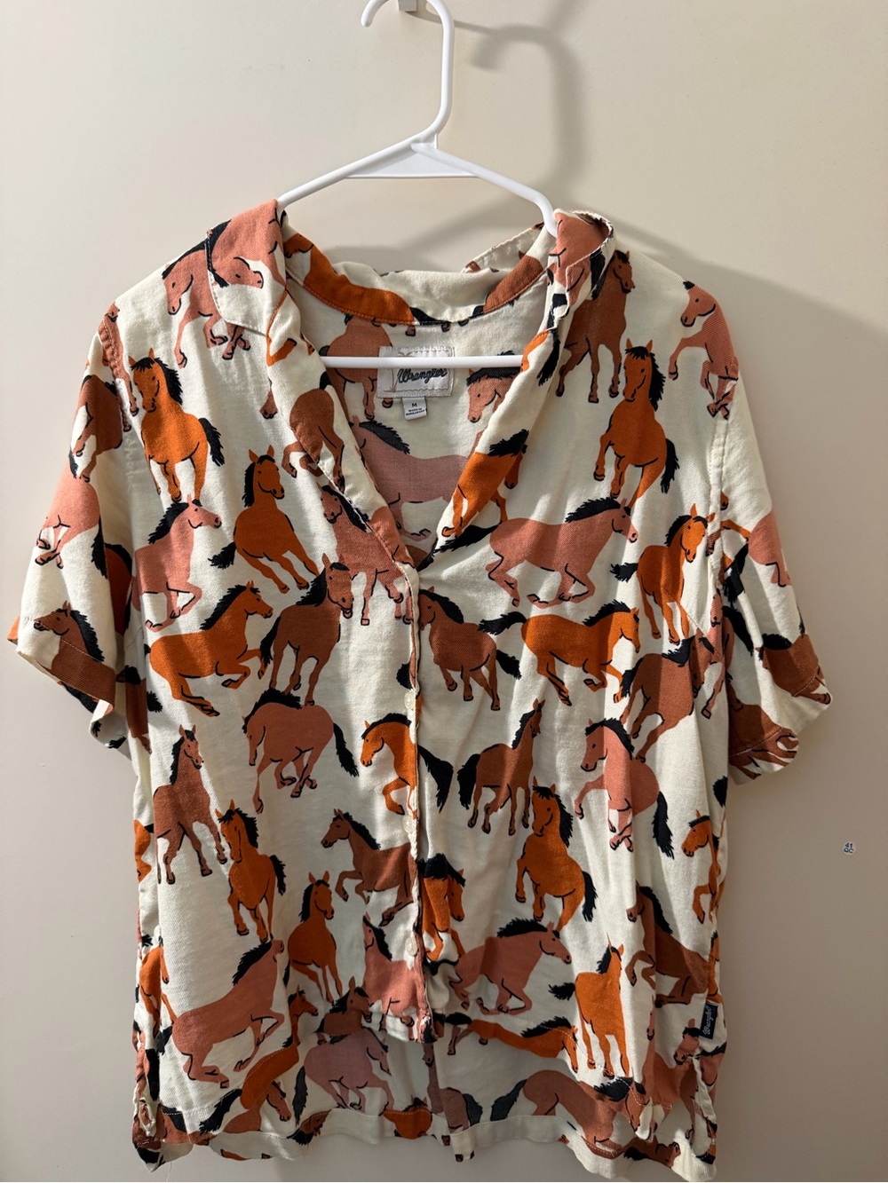 Horse Print Button-Up Shirt - Cream & Rust